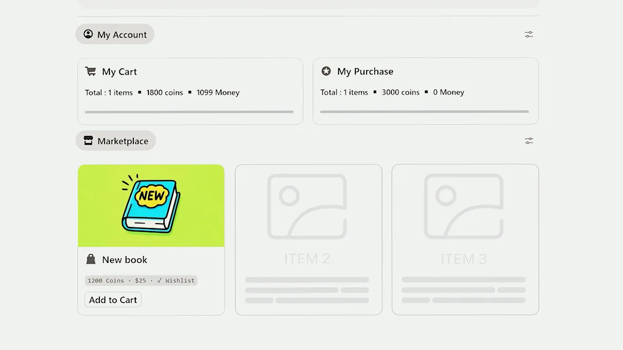 Marketplace item card for 'New book' showing price in coins and dollars and an Add to Cart button