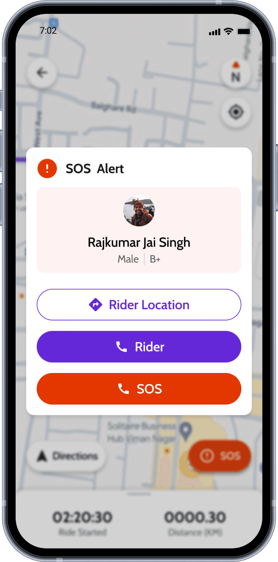 SOS alert with location, contact and blood group