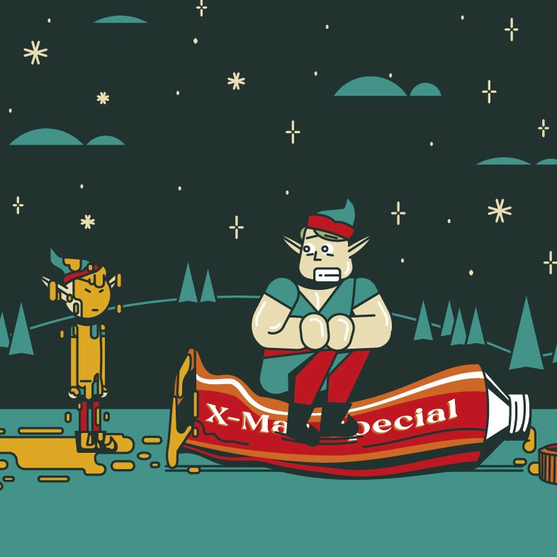 Funny illustration of two Christmas elves trying to open up a big Tube and the big elf accidentally spilled the contents of the Tube over the other elf.