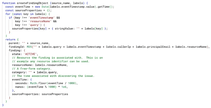 Screenshot of a JavaScript function "createFindingObject." The function processes a source name and labels to generate a finding object with attributes like state, resource name, category, and event time. It excludes certain keys and formats values into a sourceProperties object, returning a structured finding object for logging security issues.