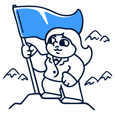 A cartoon character holding a blue flag, with a playful expression, indicative of a pirate theme.