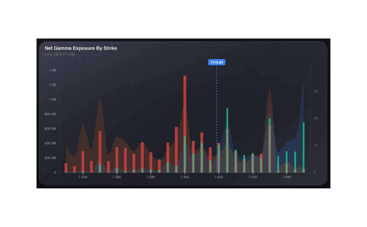 A net gamma exposure chart visualizing the live gamma profile by strike and critical gamma flip lines.