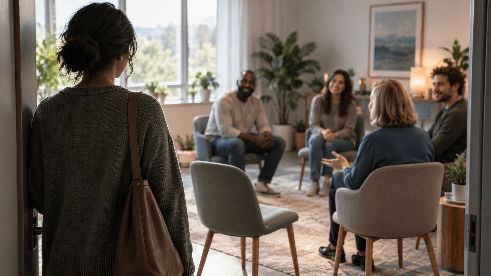 Adult preparing to join a calm, clinician-led small-group conversation