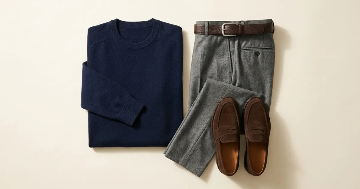 Navy merino crew-neck jumper laid flat with mid-grey wool trousers, dark brown suede loafers and a dark brown leather belt on a warm ivory background