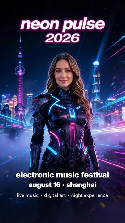 AI-generated vertical NEON PULSE 2026 electronic music festival poster in a neon cyberpunk Shanghai setting.