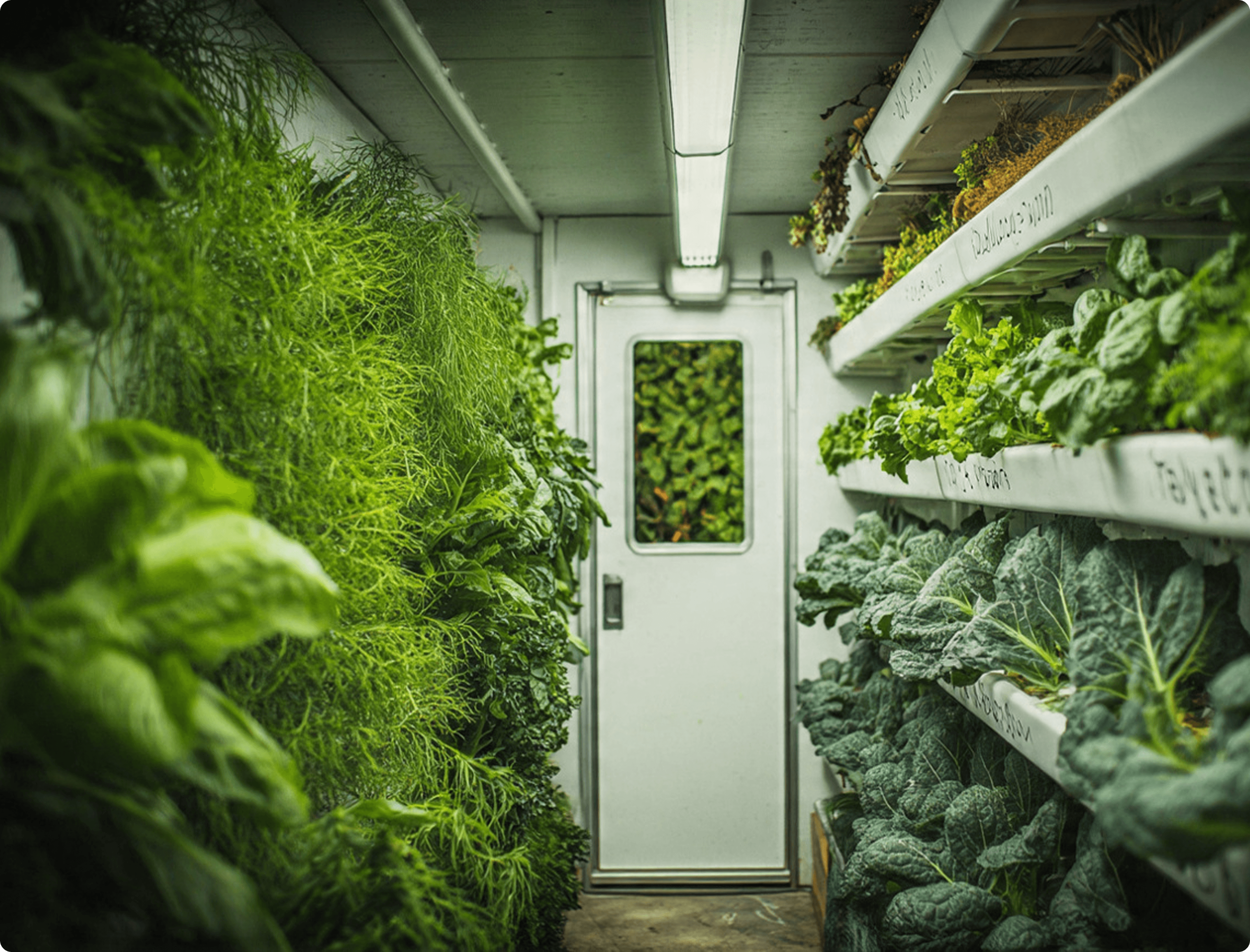 Indoor vertical farm-e shobuj shak-shobji chash kora hocche.