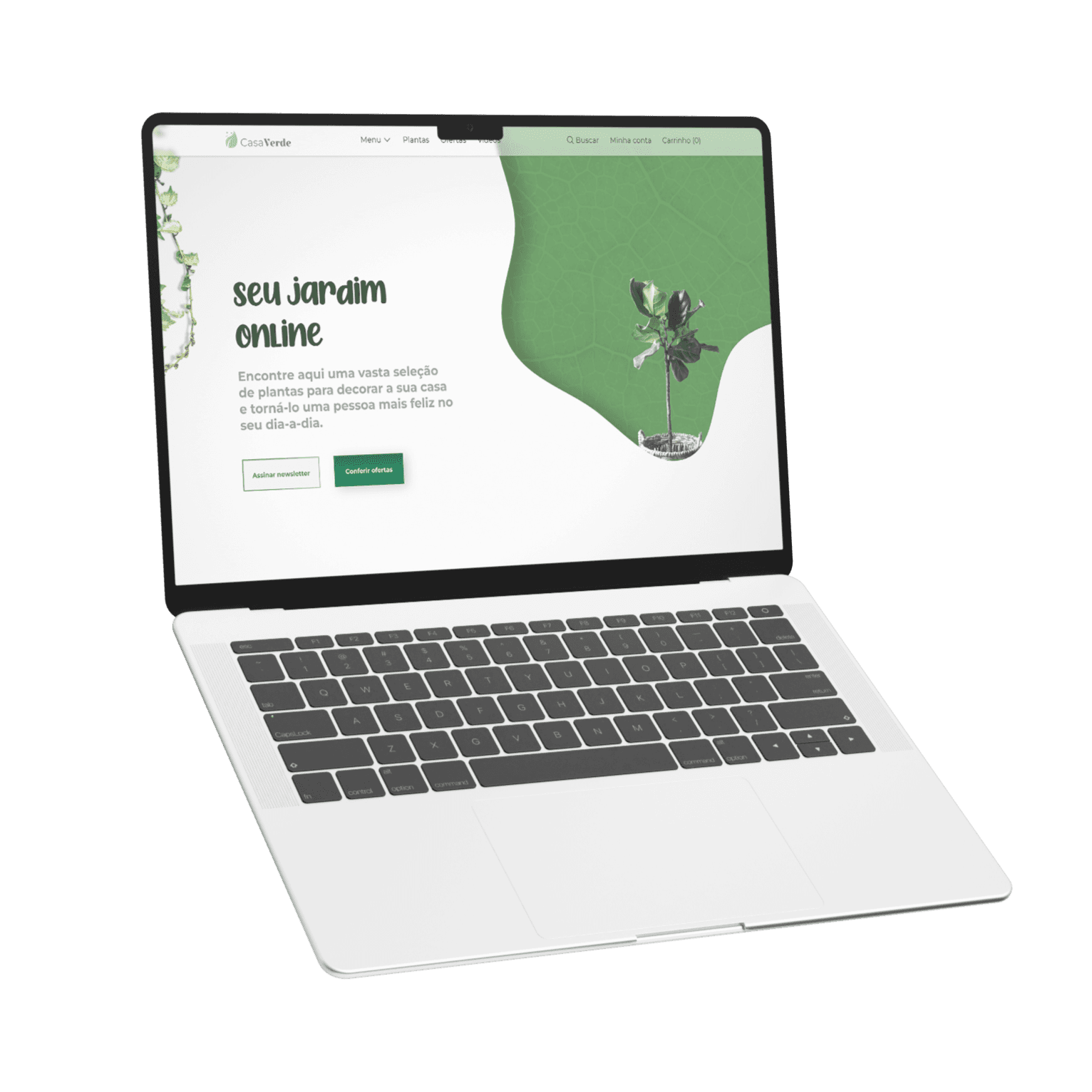 Notebook aberto flutuando mostrando a página principal do site Casa Verde