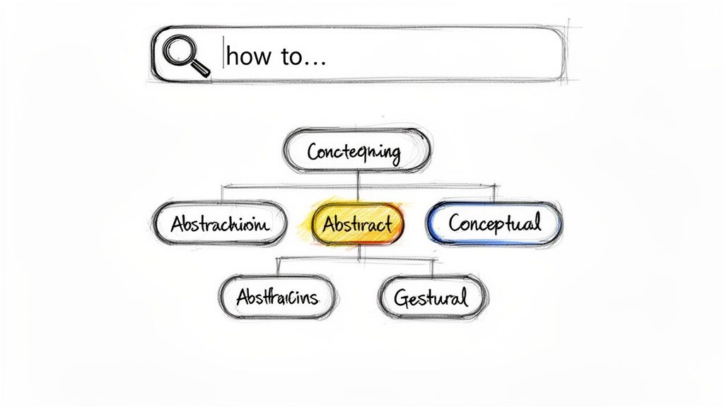 A hand-drawn mind map shows 'how to' ideas branching into 'Abstract,' 'Conceptual,' and 'Gestural' concepts.
