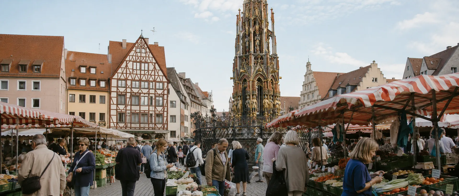 Nürnberger Hauptmarkt mit Schöner Brunnen, Marktständen und mittelalterlicher Architektur