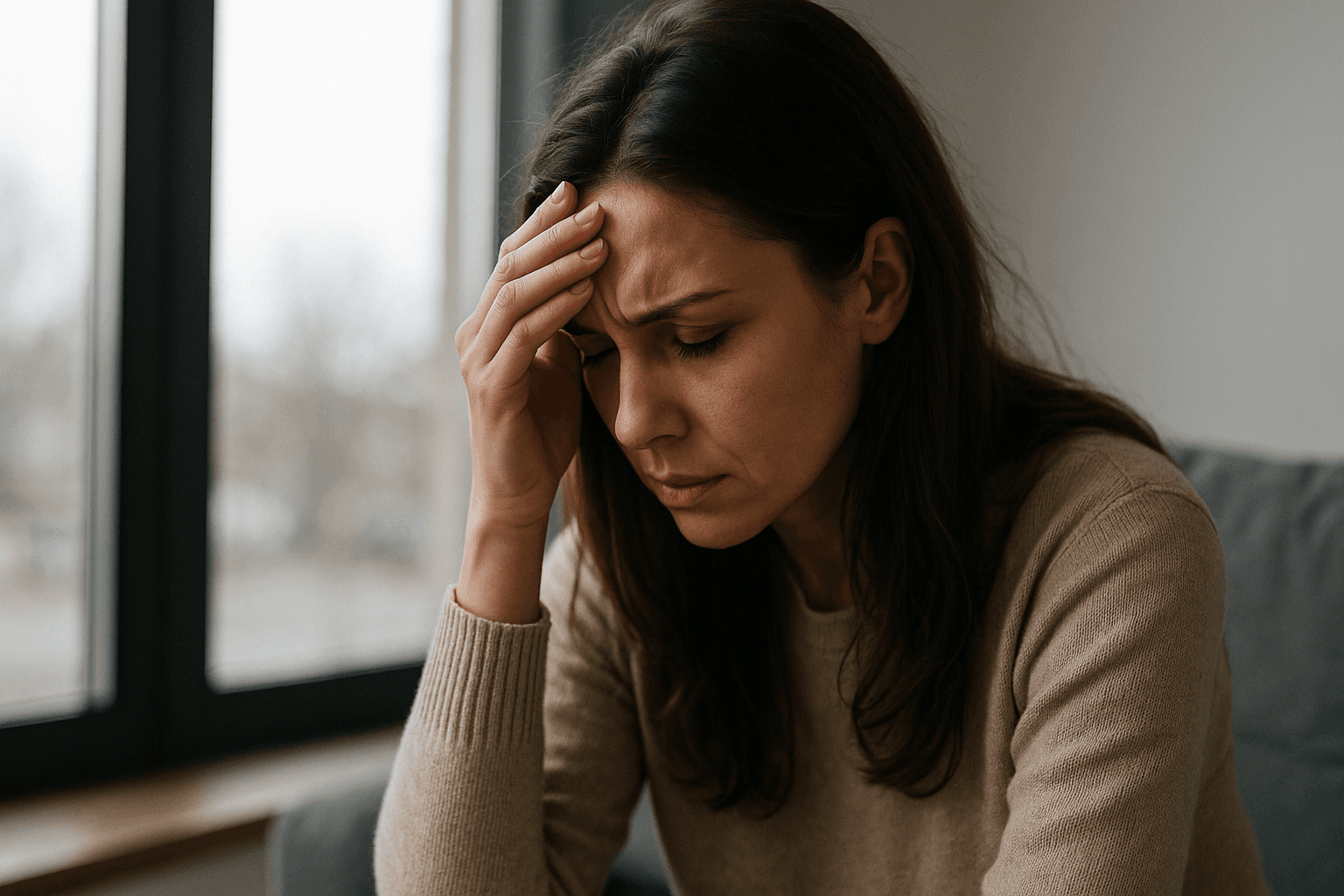 Persona sobrecargada, transmitiendo la sensación de agotamiento emocional o tensión mental.
