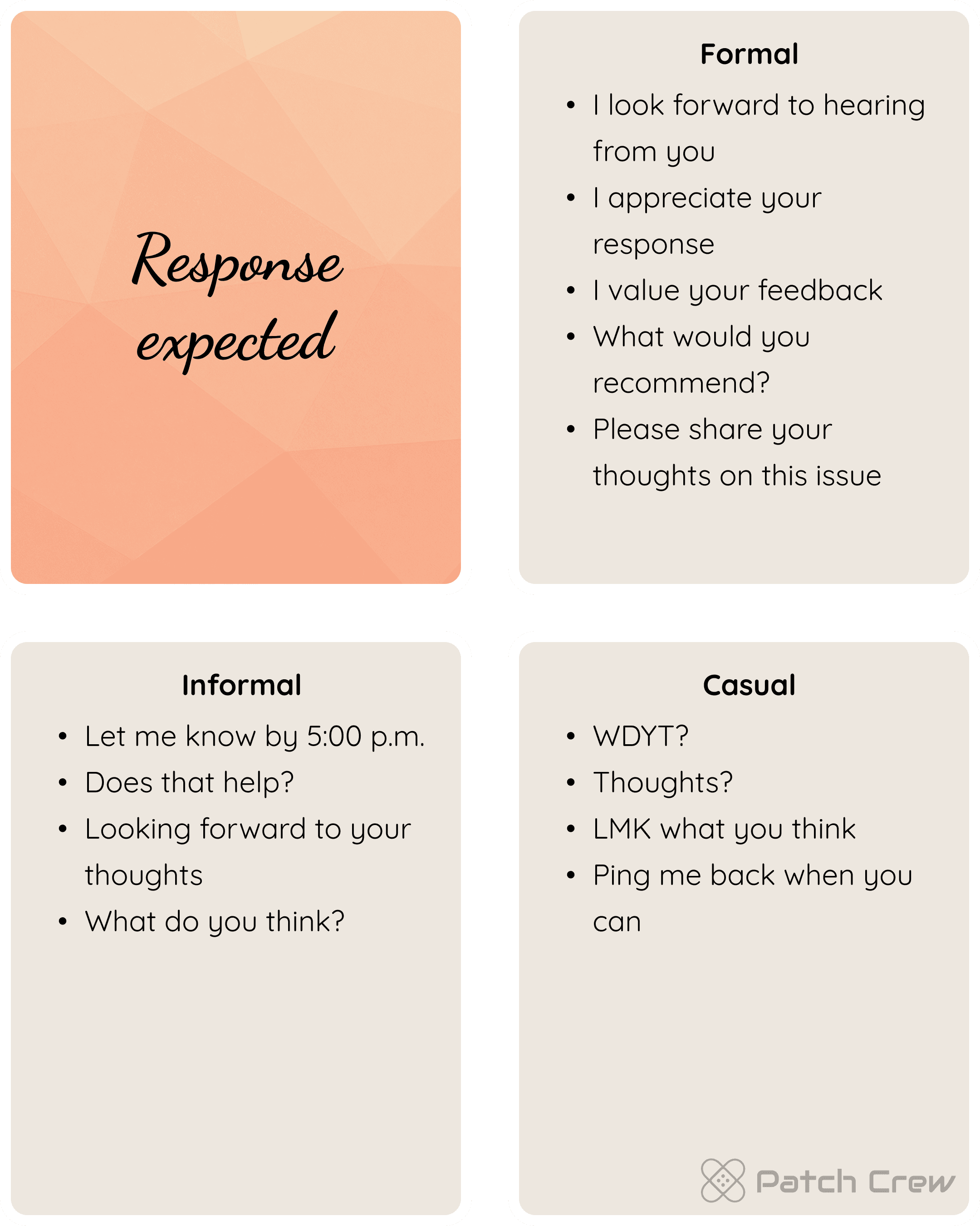 Image 22 of 43 from “We haven’t spoken in a while”: Examples compare formal, informal, and casual ways to ask for feedback or a response.
