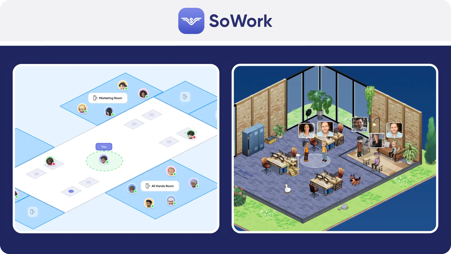 Side-by-side view of SoWork's 2D simplified mode map for quick navigation and its immersive 2.5D workspace for team collaboration.