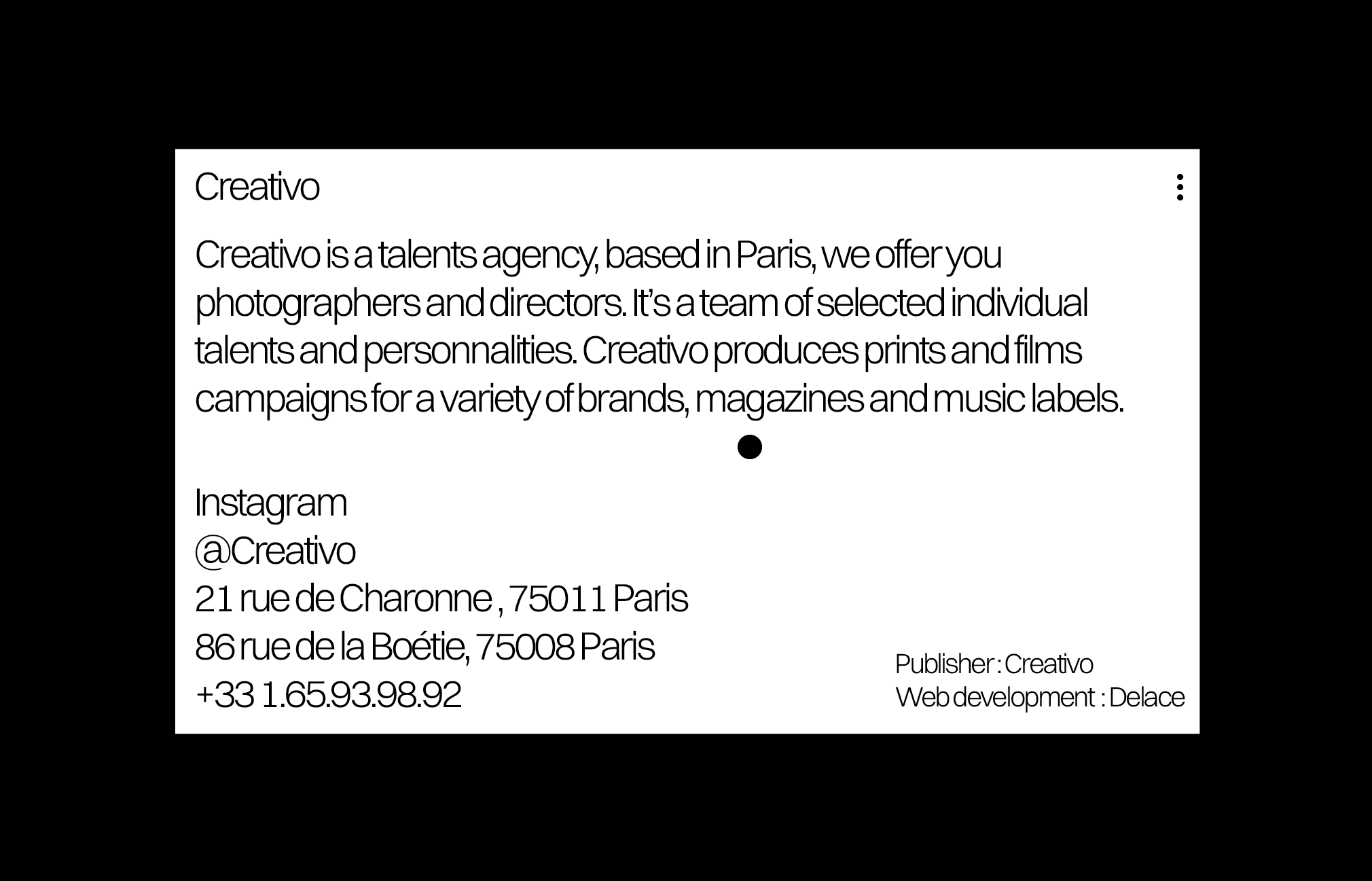 Un cadre blanc avec des informations de contact pour l'agence Creativo, incluant l'adresse et le numéro de téléphone.