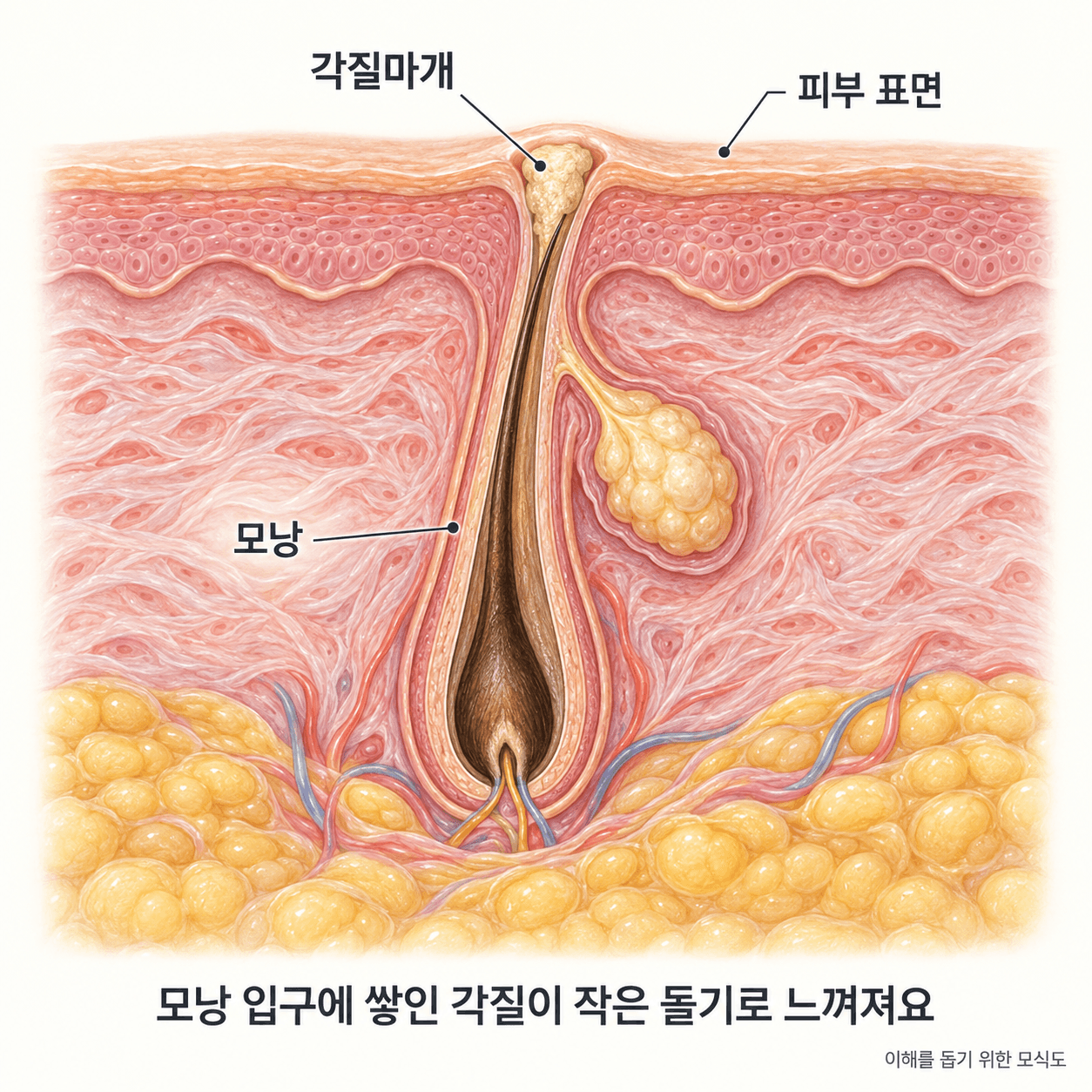 모낭 입구 안에 쌓인 각질마개와 작은 피부 돌기를 보여주는 모식도