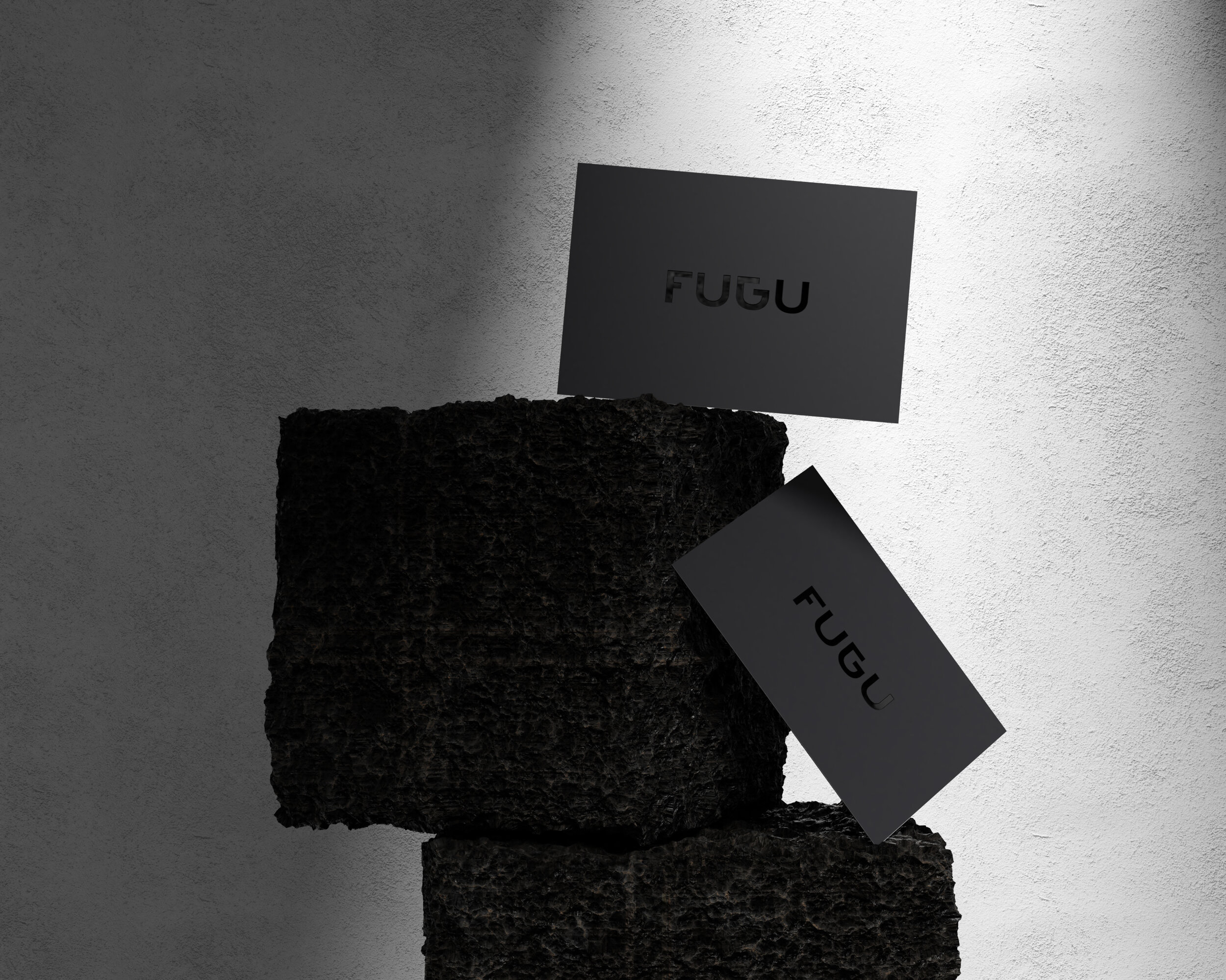 Fugu business cards resting on a black rock.