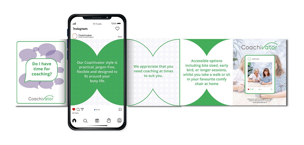 Phone mockup of a Coachivator Instagram carousel design