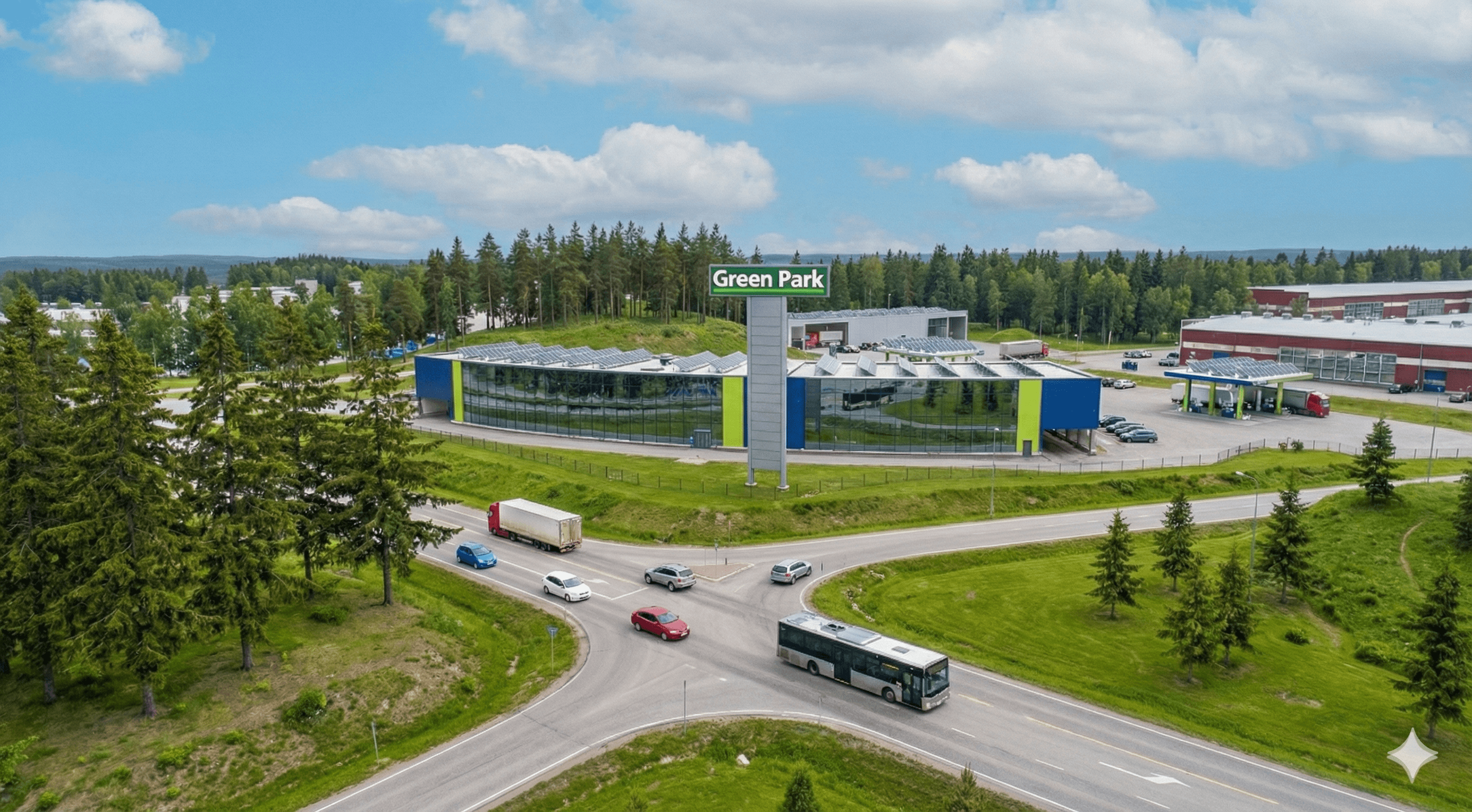 Havainnekuva modernista toimitilasta, joka on suunniteltu istumaan luonnonläheiseen ympäristöön kestävästi