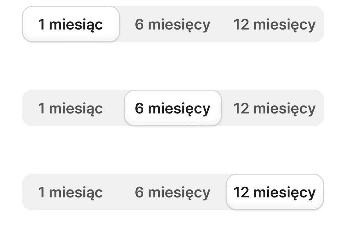 "A set of three horizontally aligned subscription selection tabs, showcasing different payment duration options: 1 month, 6 months, and 12 months. Each tab has a clean white design with a yellow action button, utilizing a 12-column grid and semantic brand variables.