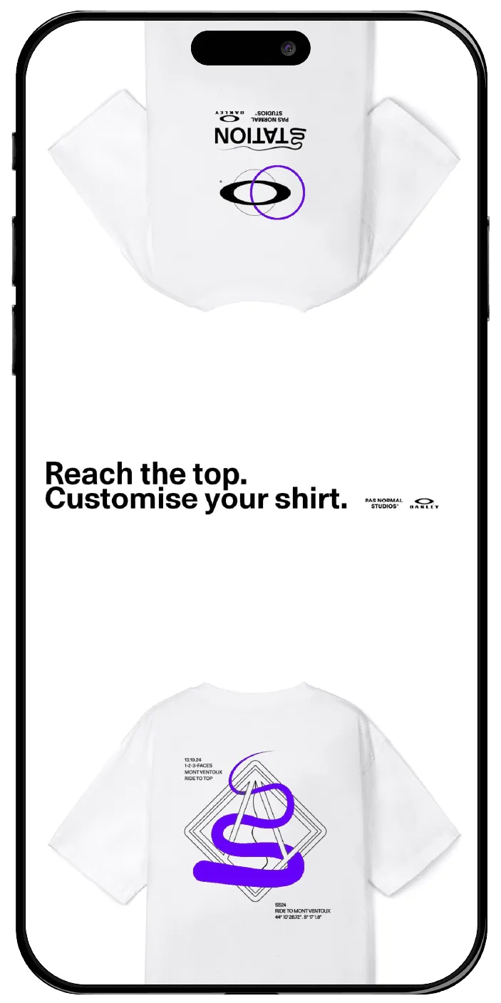 Design d'interface UI mobile pour l'application d'activation et de personnalisation de t-shirts.