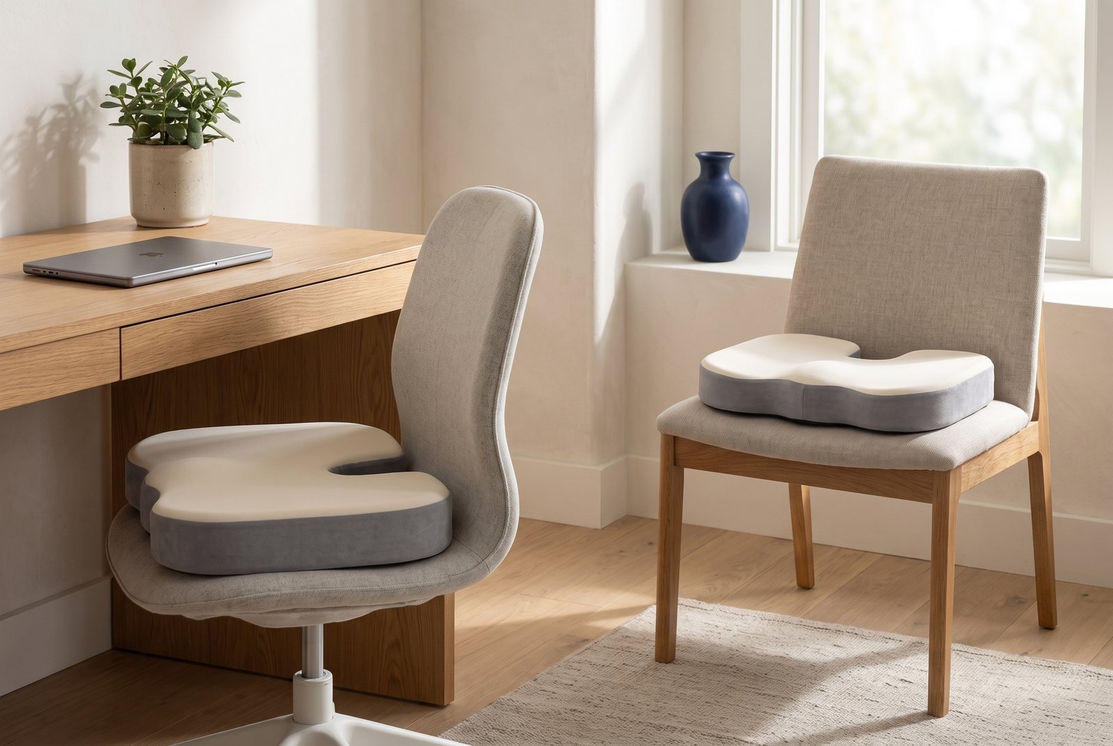 Two seat cushions, one on a home-office chair and one on a dining chair