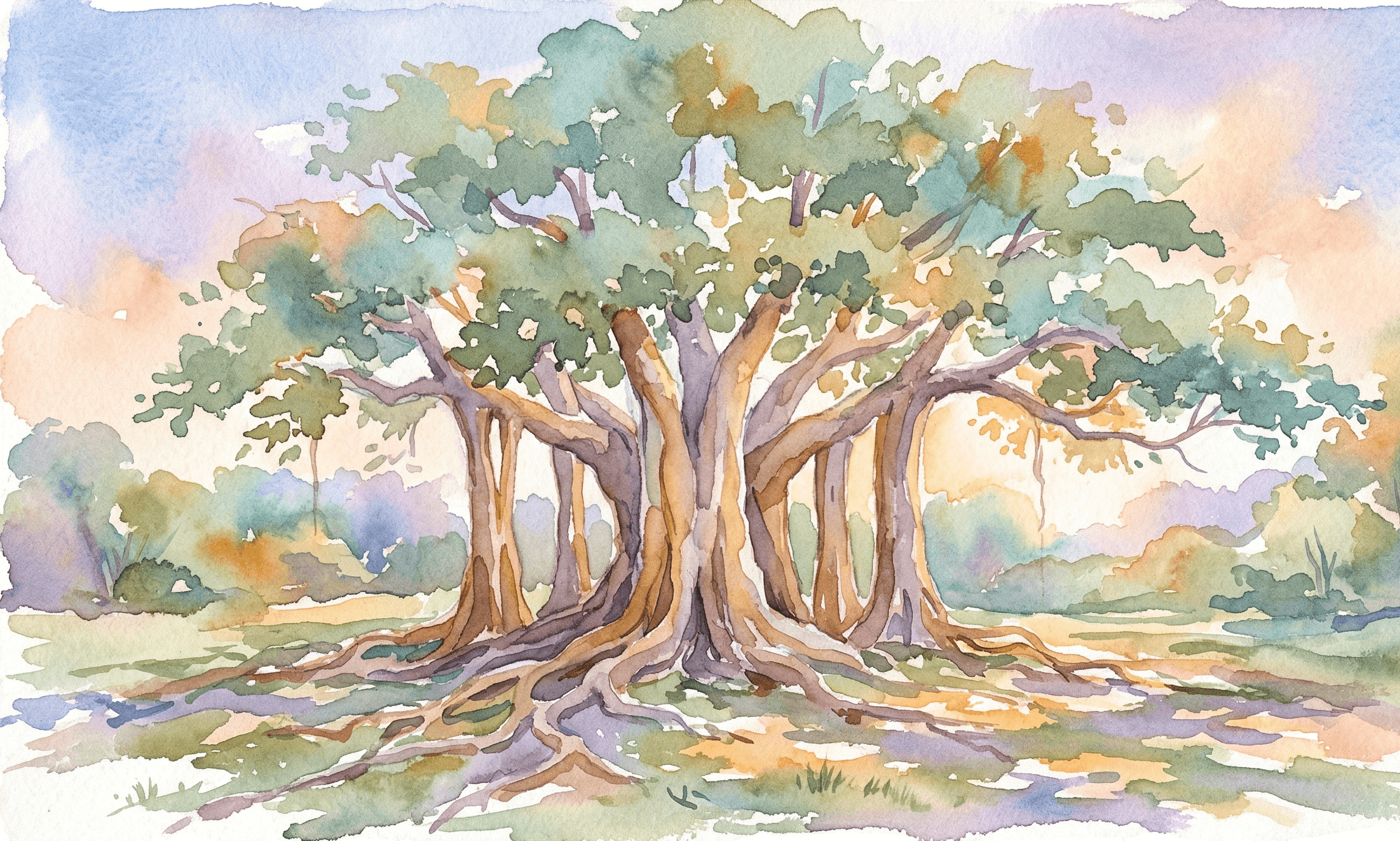 Watercolor ancient banyan tree with seven trunks and golden dappled light
