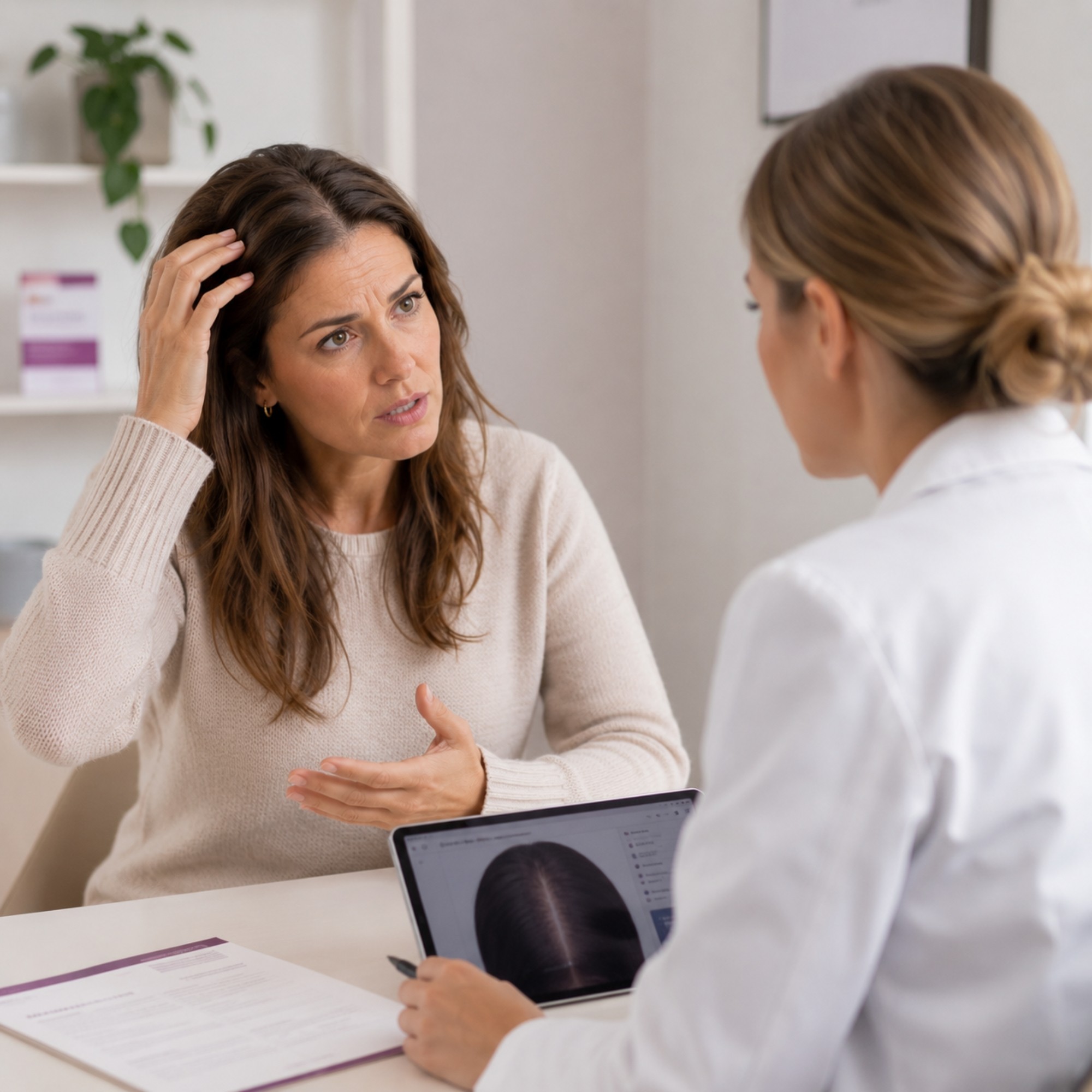 Vrouw bespreekt haar haarverlies en mogelijke oorzaken met een specialist tijdens een medisch haarconsult.
