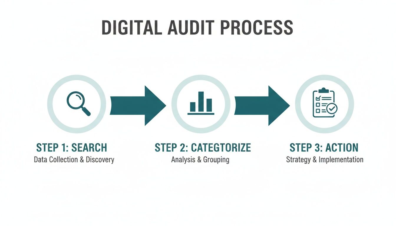 Infographic outlining the three steps of a digital audit process: search, categorize, and action.