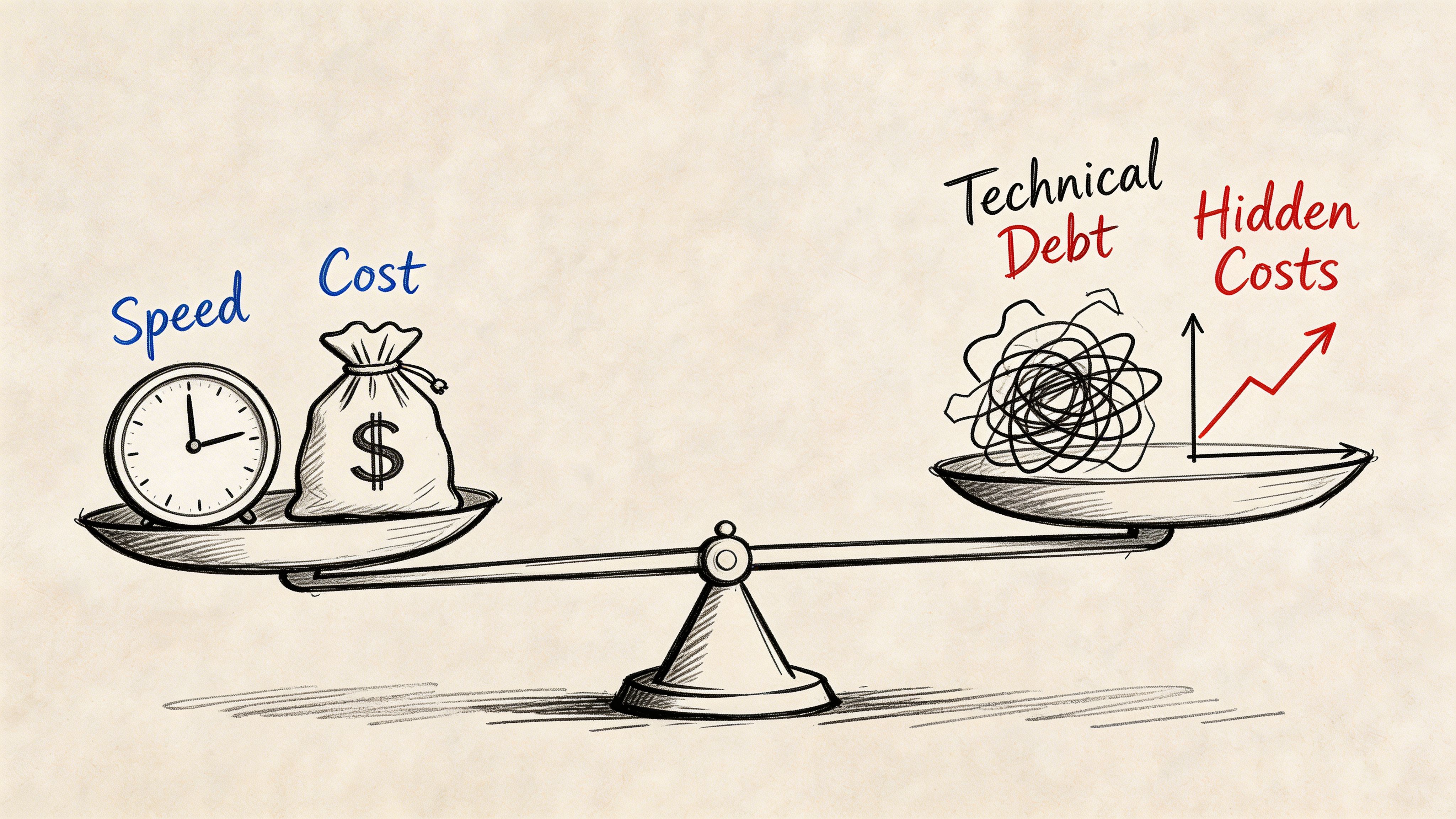 A conceptual scale illustrating the trade-off between speed and cost versus technical debt and hidden project costs.