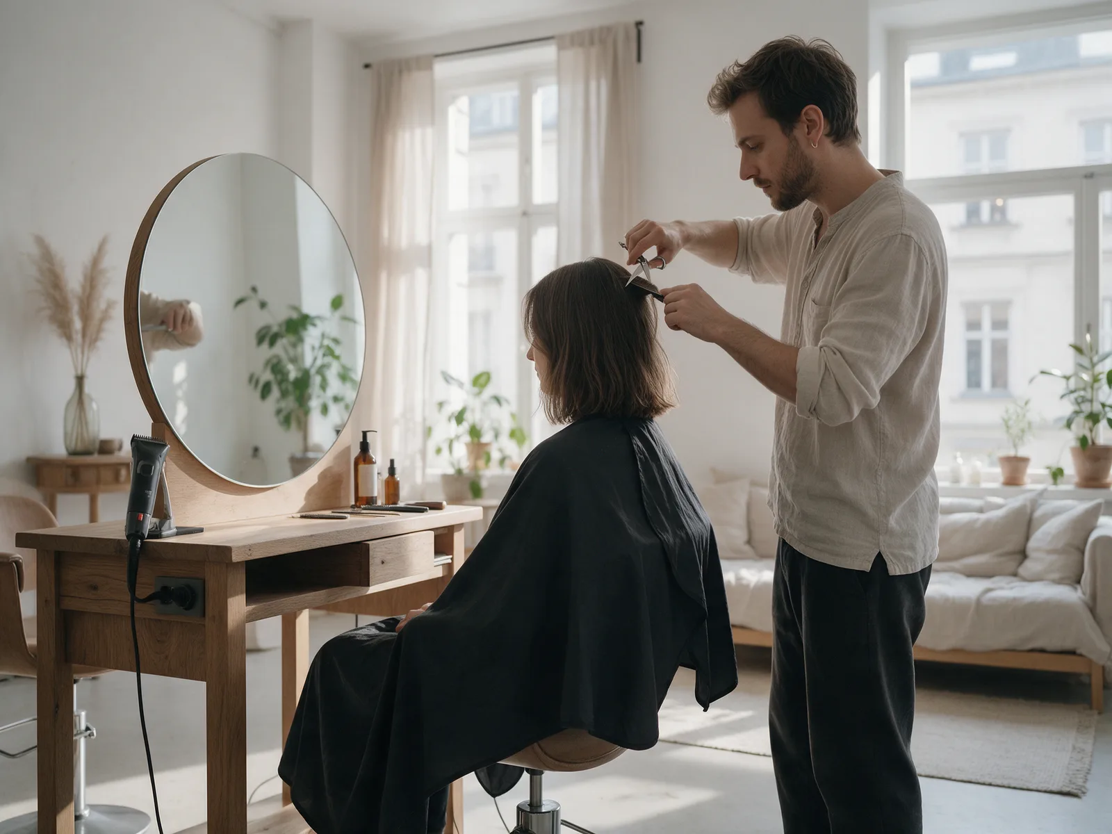 Friseurin schneidet einer Kundin die Haare in einem hellen Salon