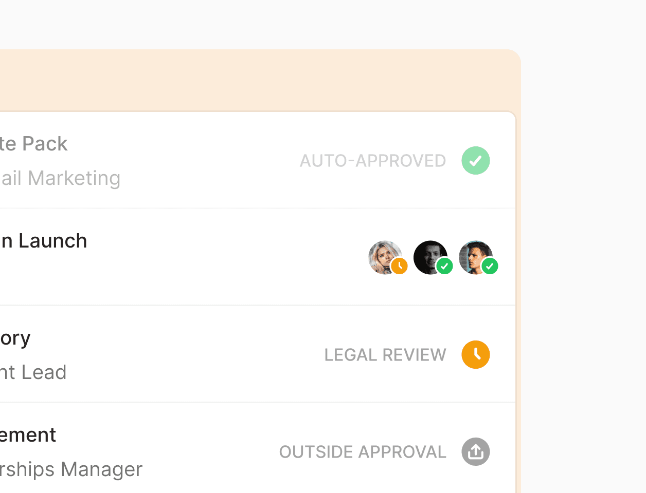 List of content types with their respective approval statuses, including "Auto-Approved," "Legal Review," and "Outside Approval," reflecting approval paths for different content types.