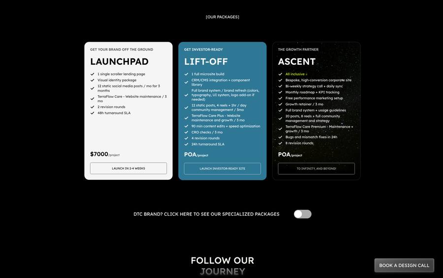 Version one pricing with Launchpad, Lift-off and Ascent tiers in US dollars and a button reading To infinity and beyond.