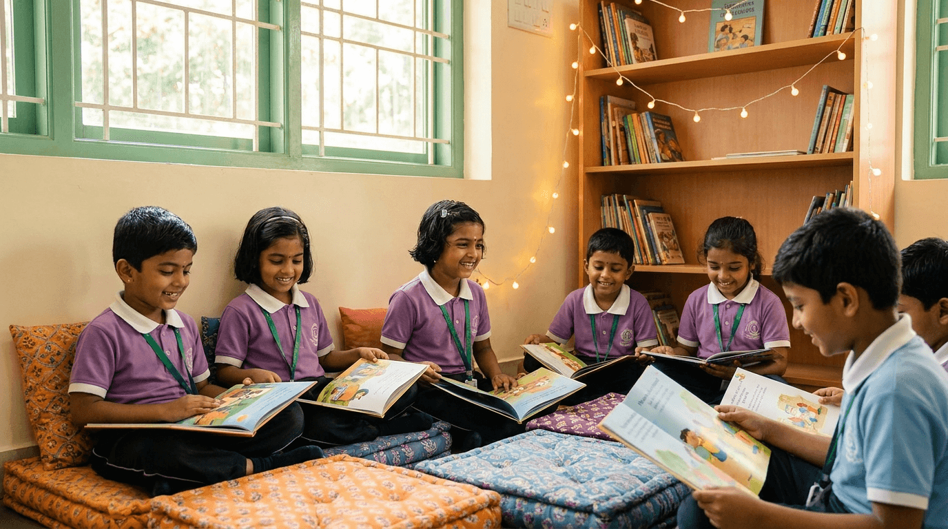 NCFE students reading in a cozy classroom reading corner