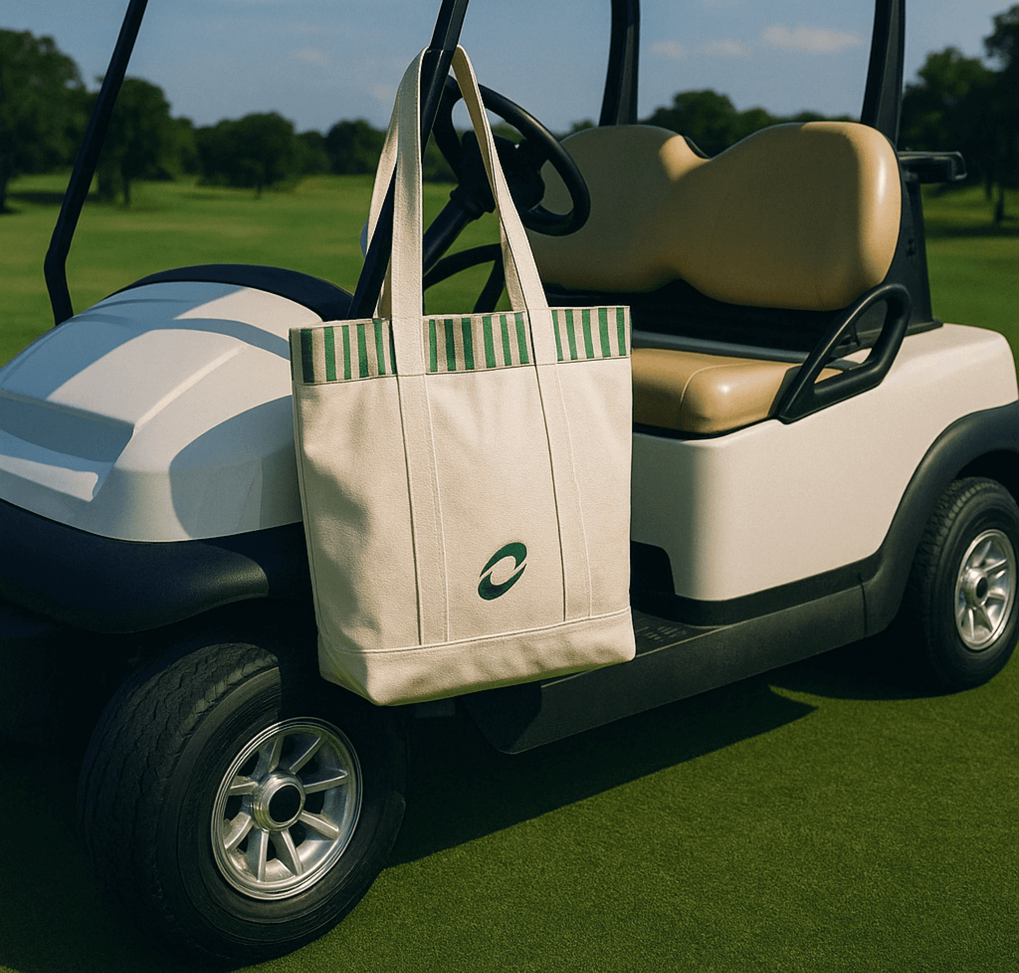 Beige golf cart parked on a green course with a canvas tote bag hanging on the side, decorated with green stripes and a logo.