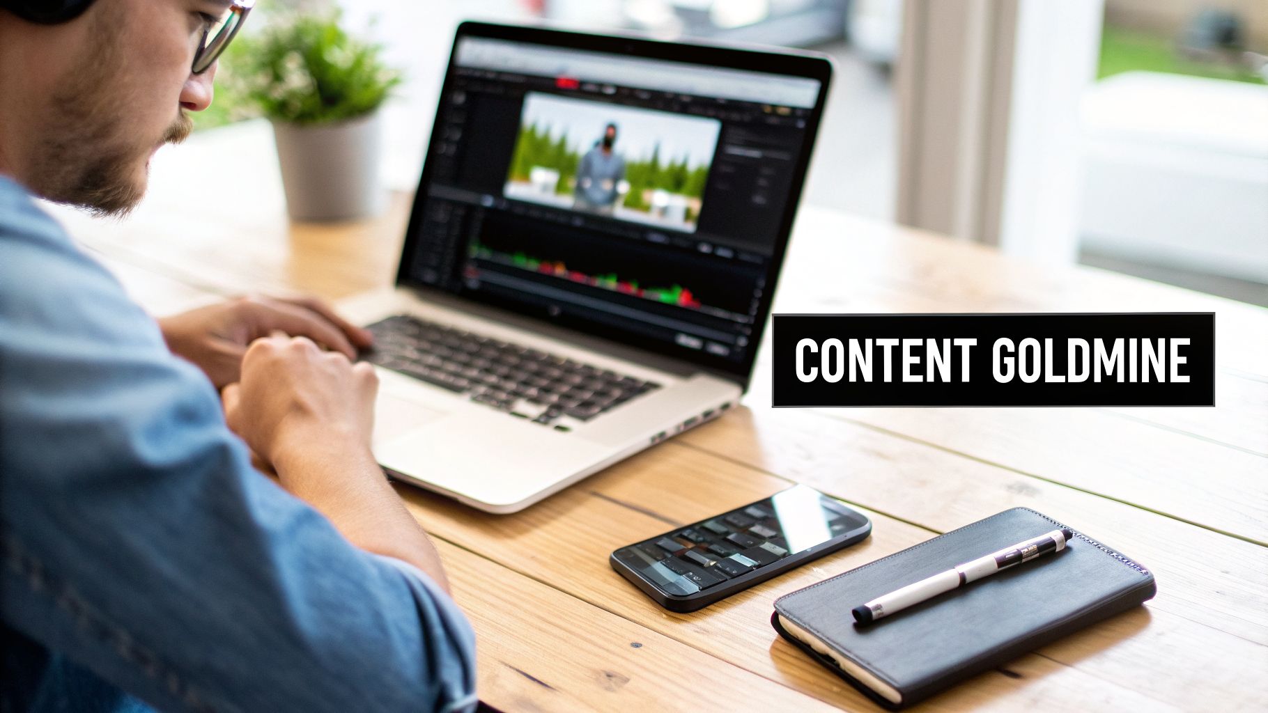A man in headphones edits a video on a laptop, with a smartphone and notebook on a wooden desk. Text reads 'CONTENT GOLDMINE'.