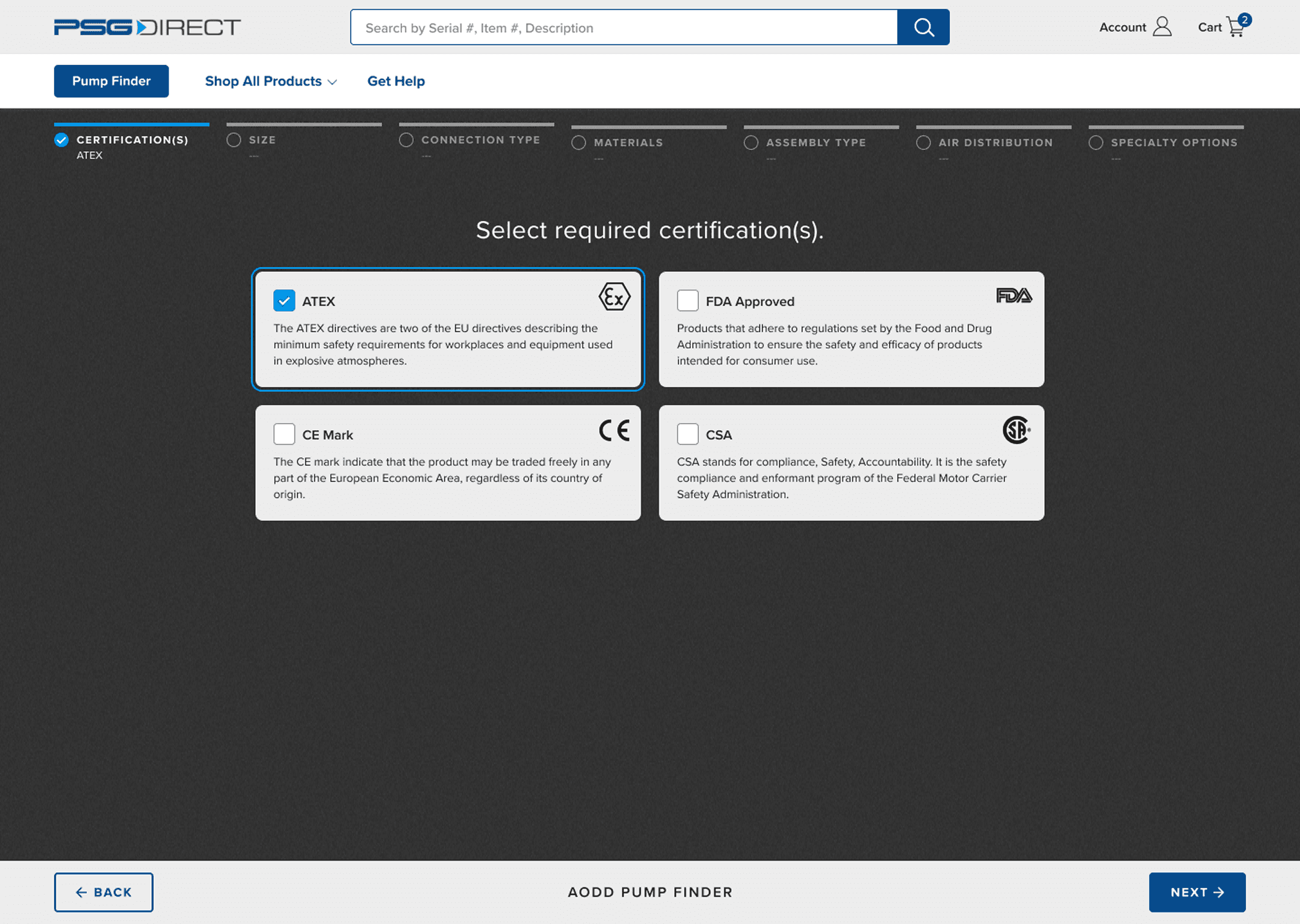 Pump finder product wizard