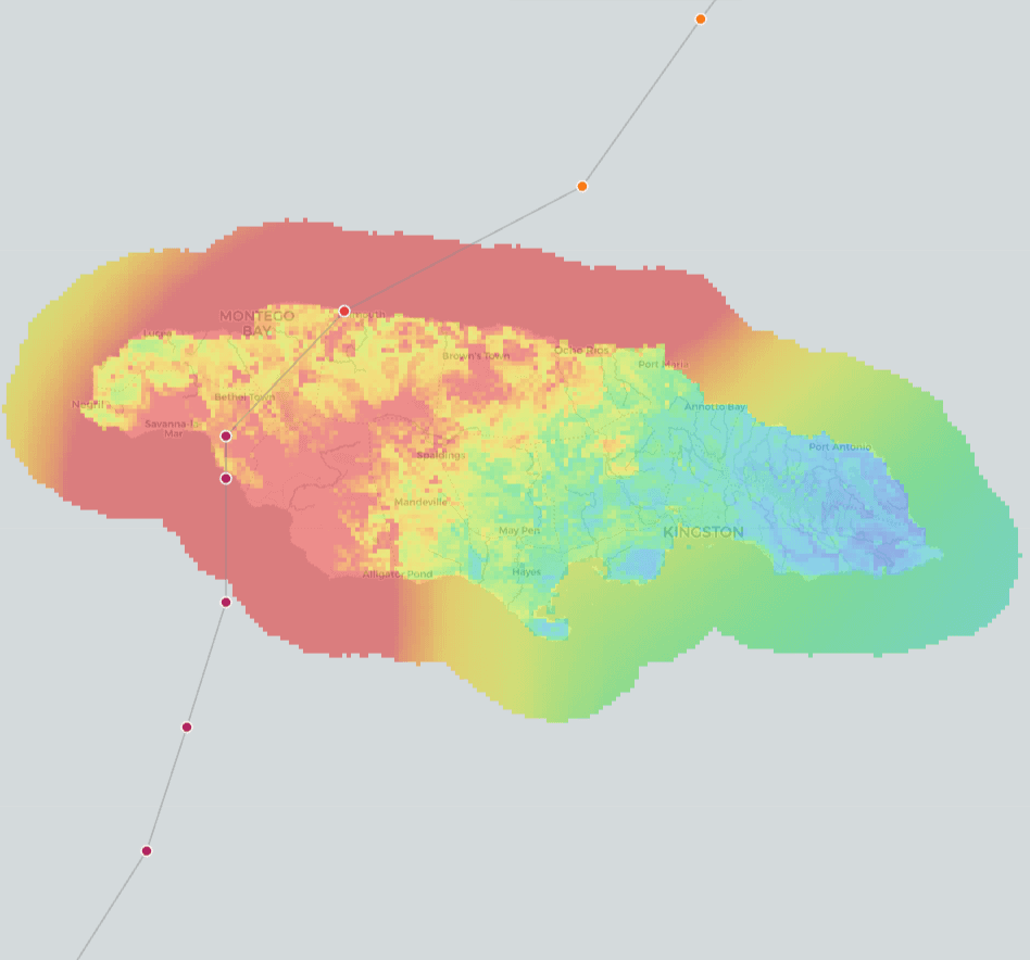 Metryc wind field map showing asymmetric wind speed distribution across a Caribbean island during a Category 4 hurricane landfall