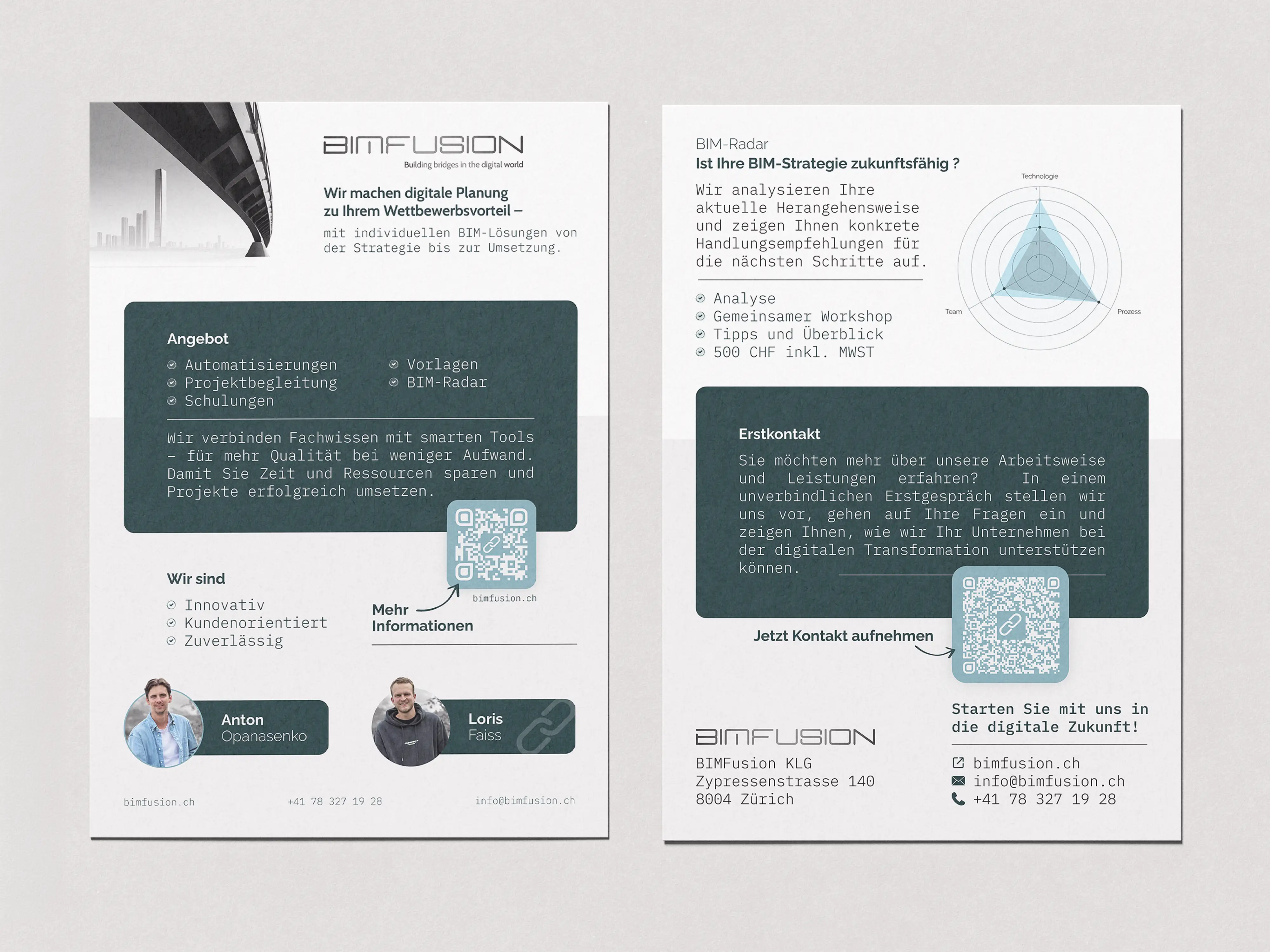 Flache Ansicht von Vorder- und Rückseite des BIMFusion-Flyers mit Angeboten, Mehrwert und BIM-Radar-Analyse
