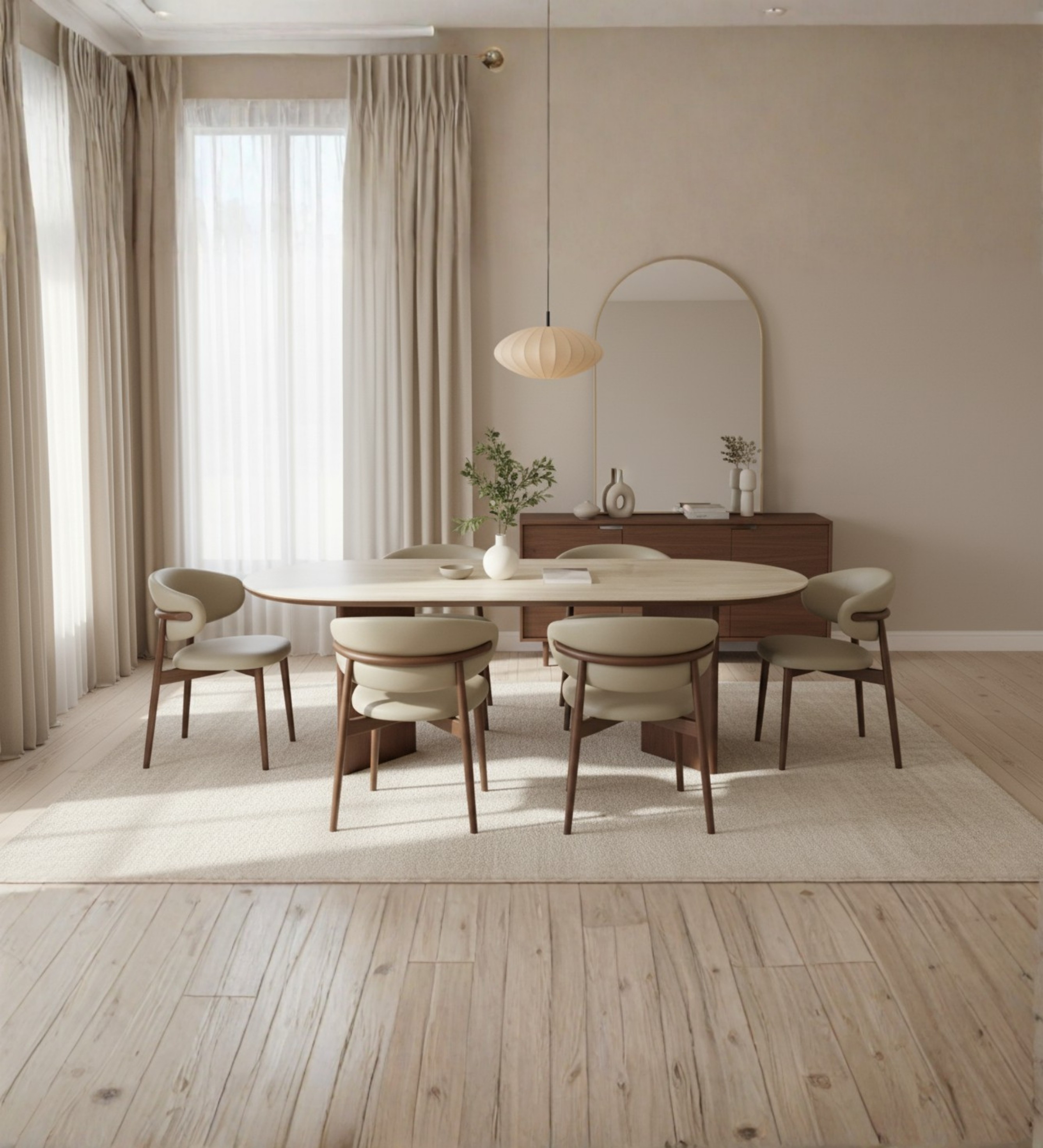 Luxury lounge seating with striped armchairs styled in a minimalist neutral interior