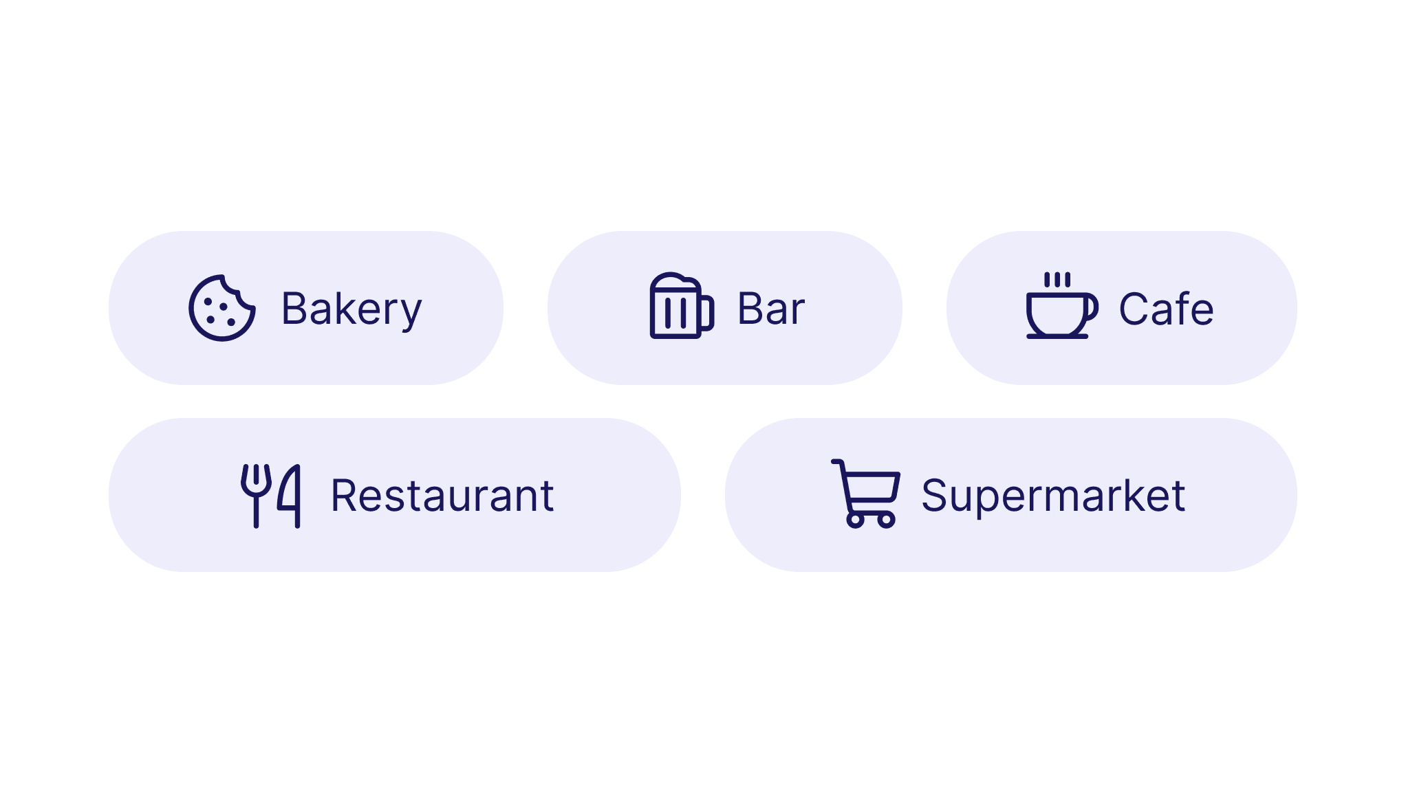 App filters for venue types in pill form, showing Bakery, Bar, Cafe, Restaurant, and Supermarket