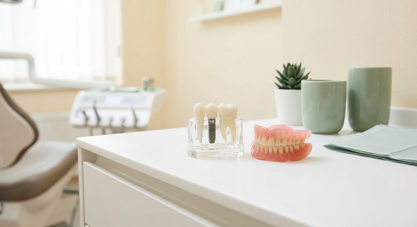 Dental implant model and traditional denture shown side by side representing replacement options for seniors