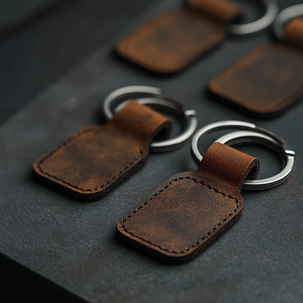 Leather keychains next to each other for laser engraving