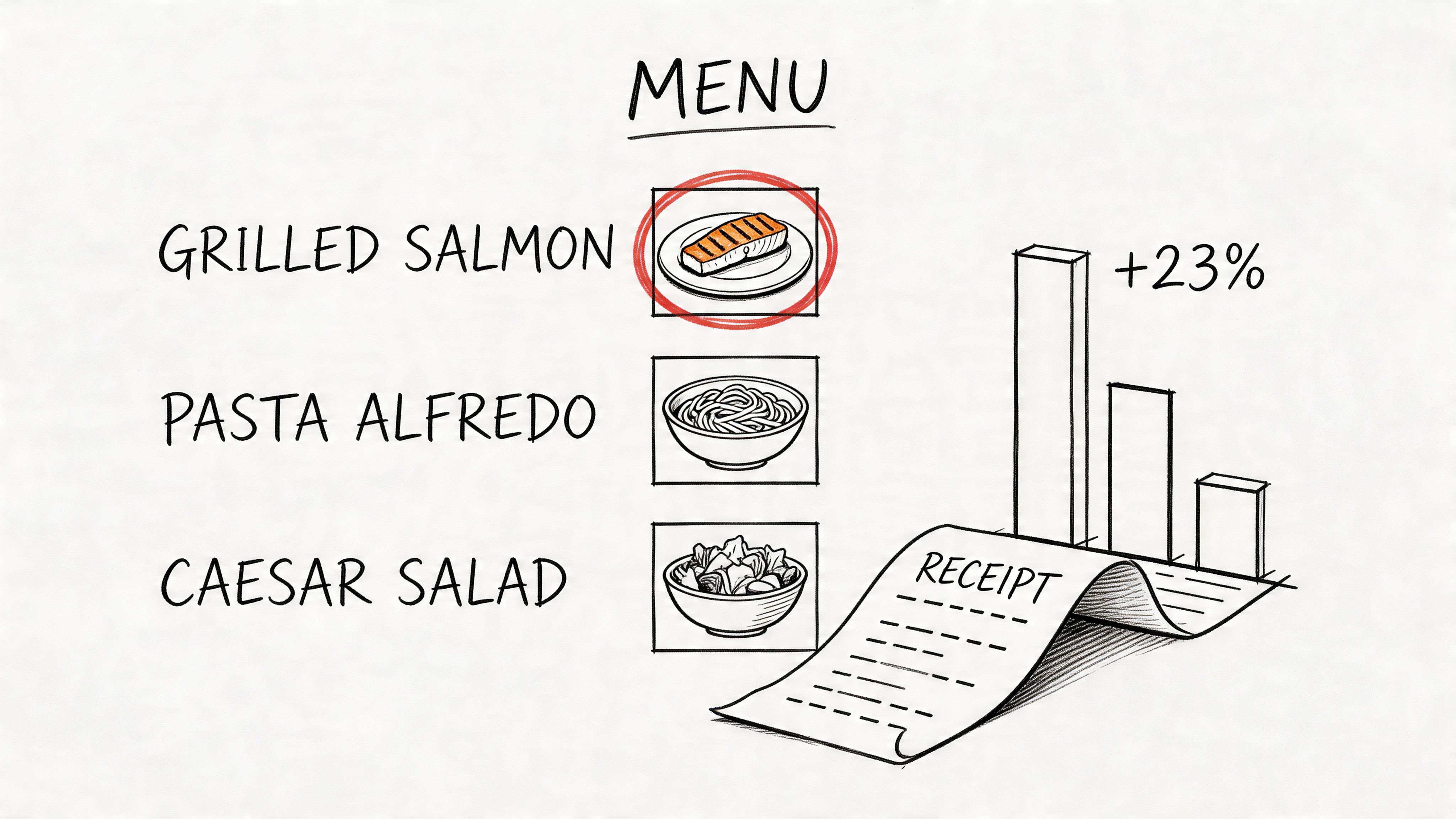 A hand-drawn menu illustration showing grilled salmon selected with a chart depicting a twenty-three percent increase.