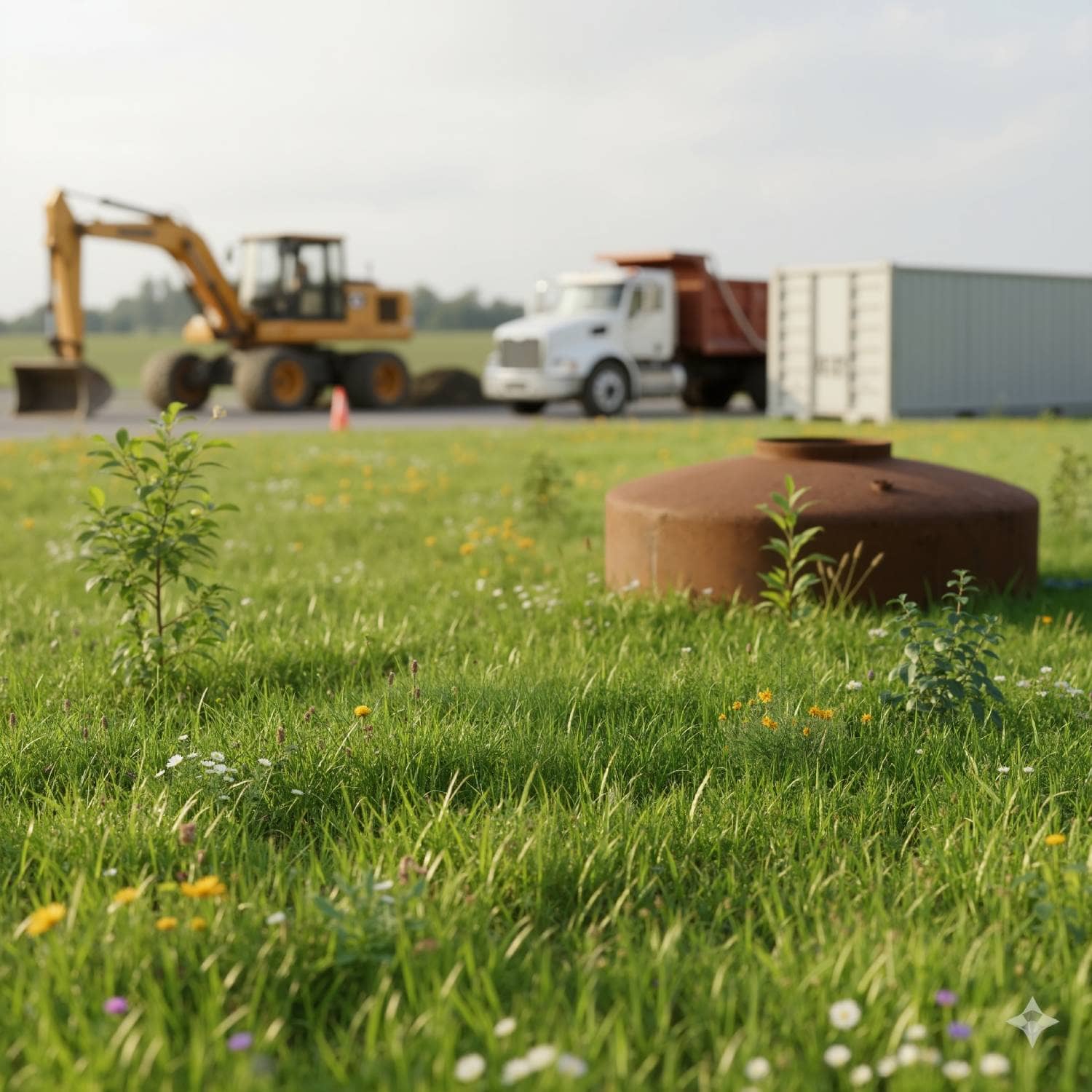 Un gros plan ensoleillé d'un petit réservoir rouillé, partiellement enterré dans un champ d'herbe verte et de fleurs sauvages. À l'arrière-plan, flous, une pelle mécanique jaune et un camion benne blanc suggèrent des travaux de démantèlement en cours.