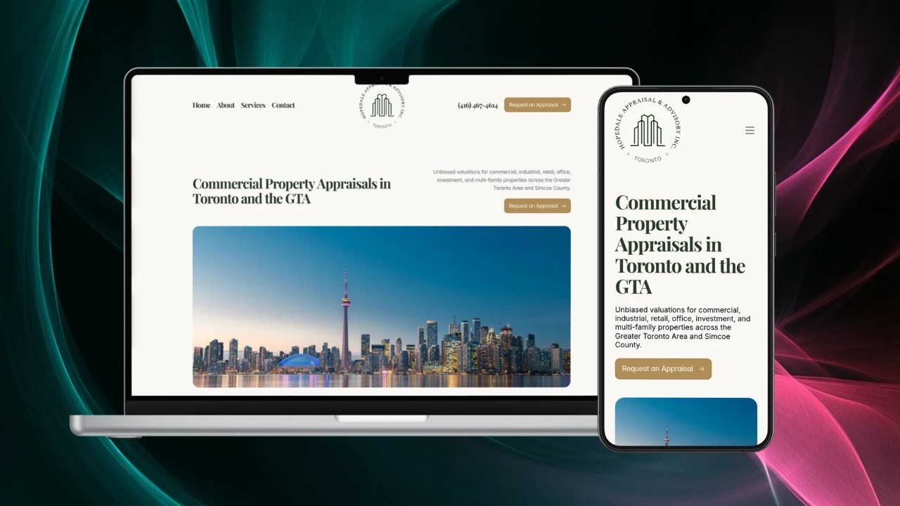 A laptop and smartphone display a website with the header "Commercial Property Appraisals in Toronto and the GTA," featuring a skyline image of Toronto under a cloudy sky.
