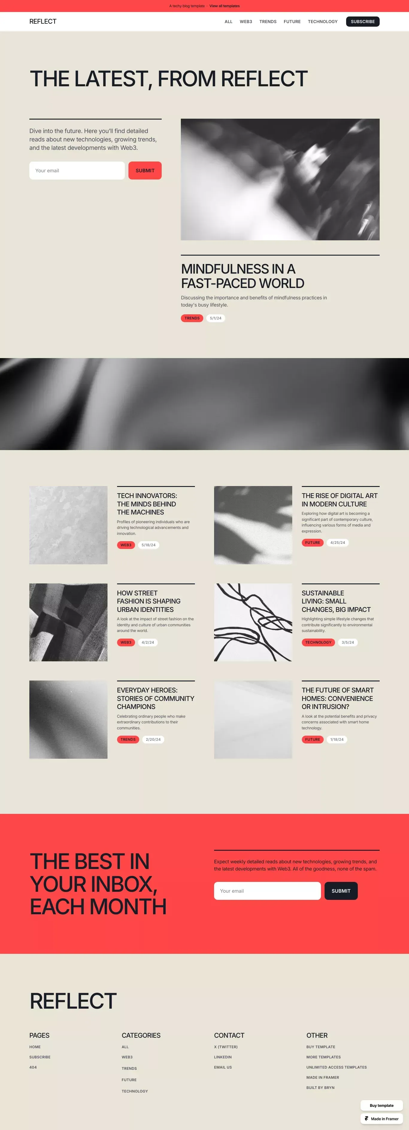 Reflect - Blog Template for Framer landing page screenshot showcasing Writing design