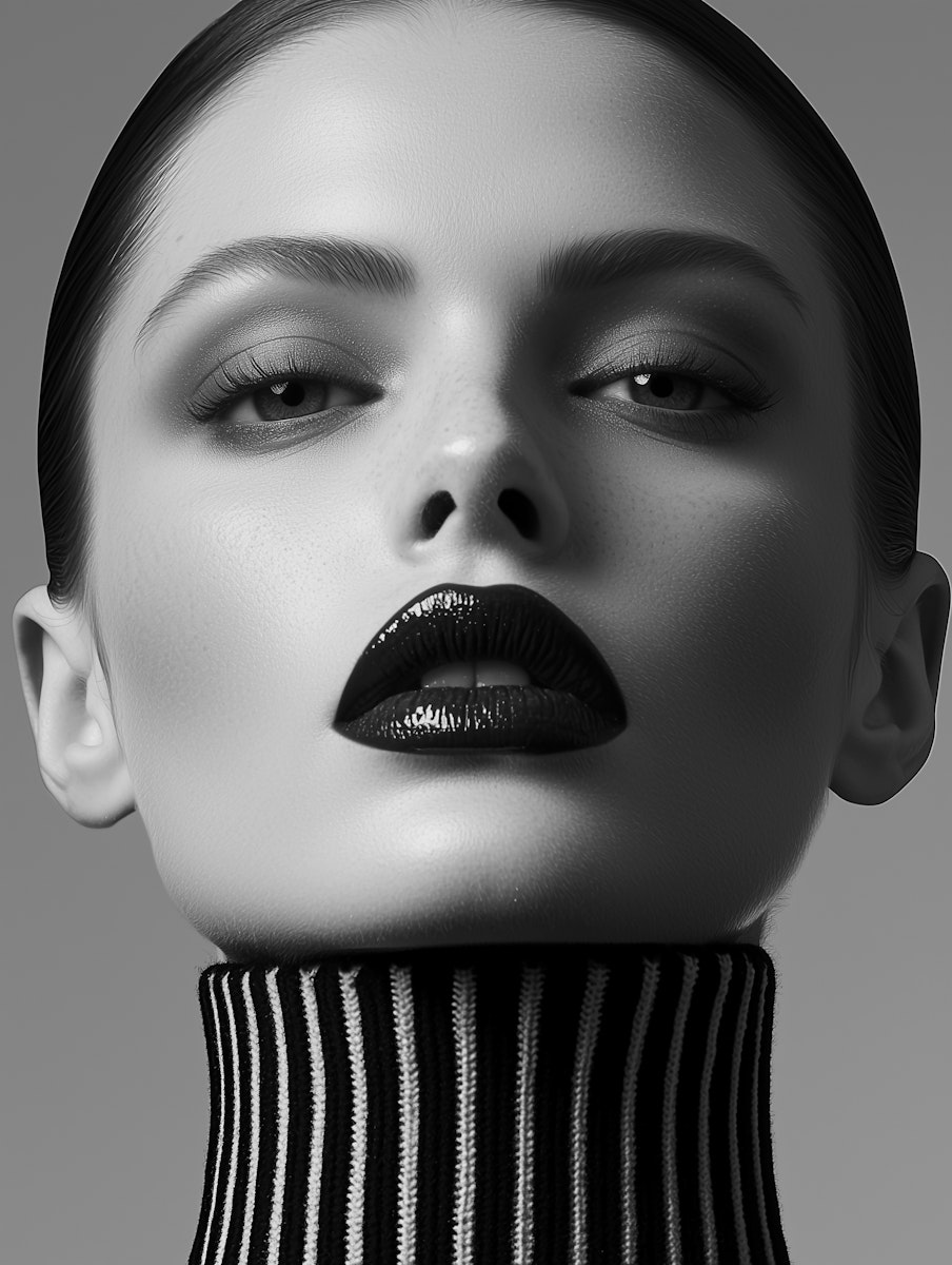 Black and white portrait of a woman with glossy lips and a striped high-neck garment, exuding elegance and intensity.