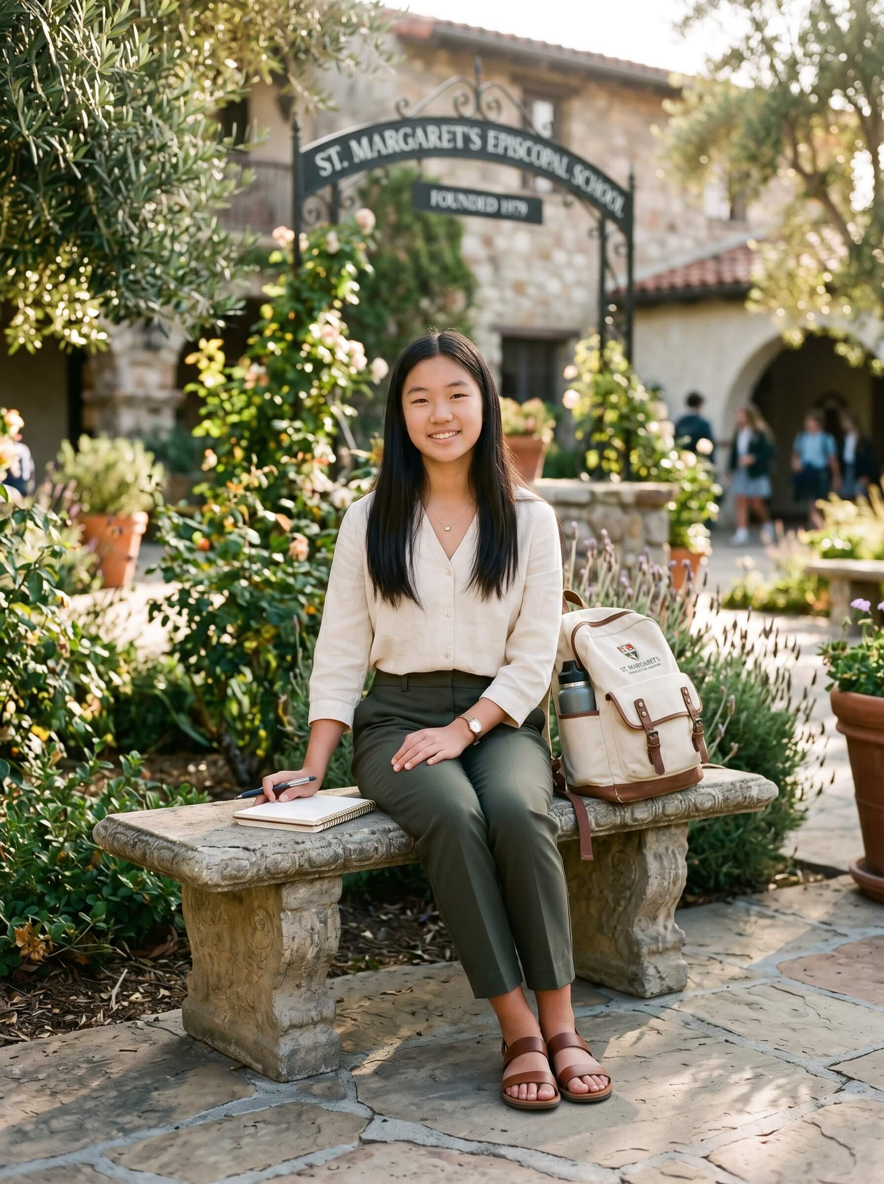 A young woman with long hair sits on a stone bench in a garden courtyard of St. Margaret's Episcopal School, surrounded by lush greenery and holding her phone and backpack beside her.