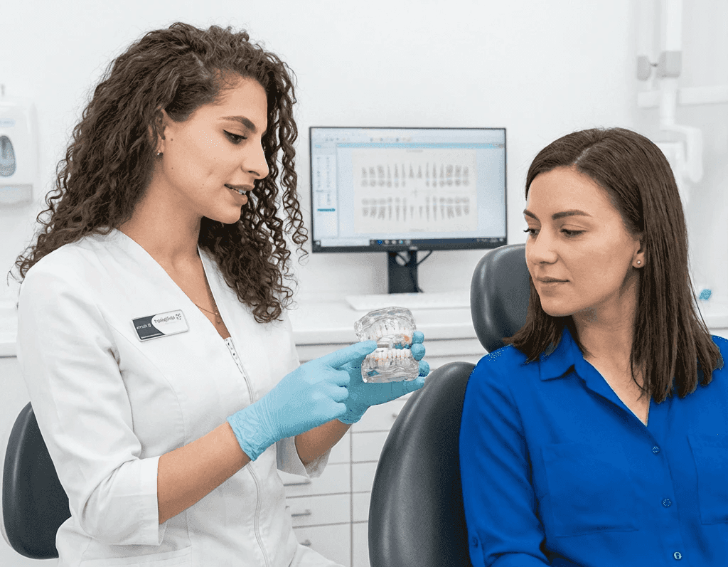 Dentist explaining open bite treatment options to an adult patient during consultation