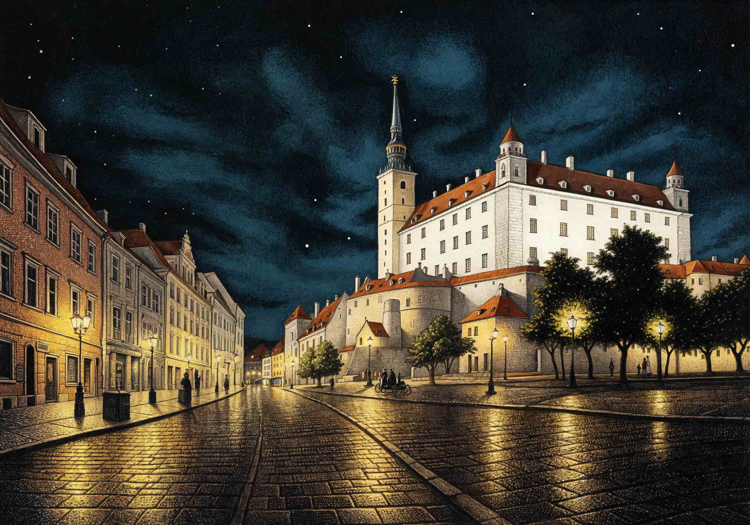 A detailed illustration of Bratislava Castle in Slovakia, illuminated at night, overlooking a historic cobblestone street lined with charming buildings and glowing street lamps.