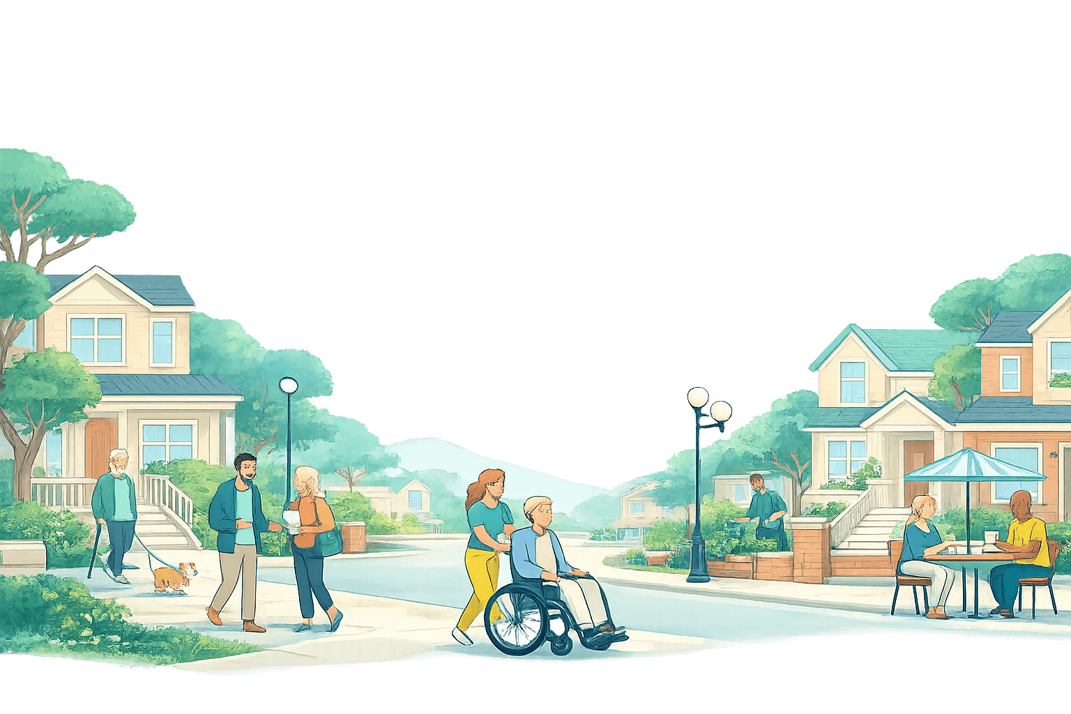 Illustration of an accessible neighbourhood street with people walking, a support worker pushing a wheelchair user, and neighbours chatting outside their homes
